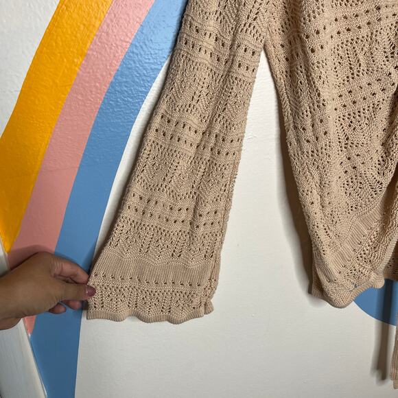 Boho Cinch Front Crochet Top XL V Neck Knit Ruched Tie Long Sleeve Cream Womens - Picture 3 of 7